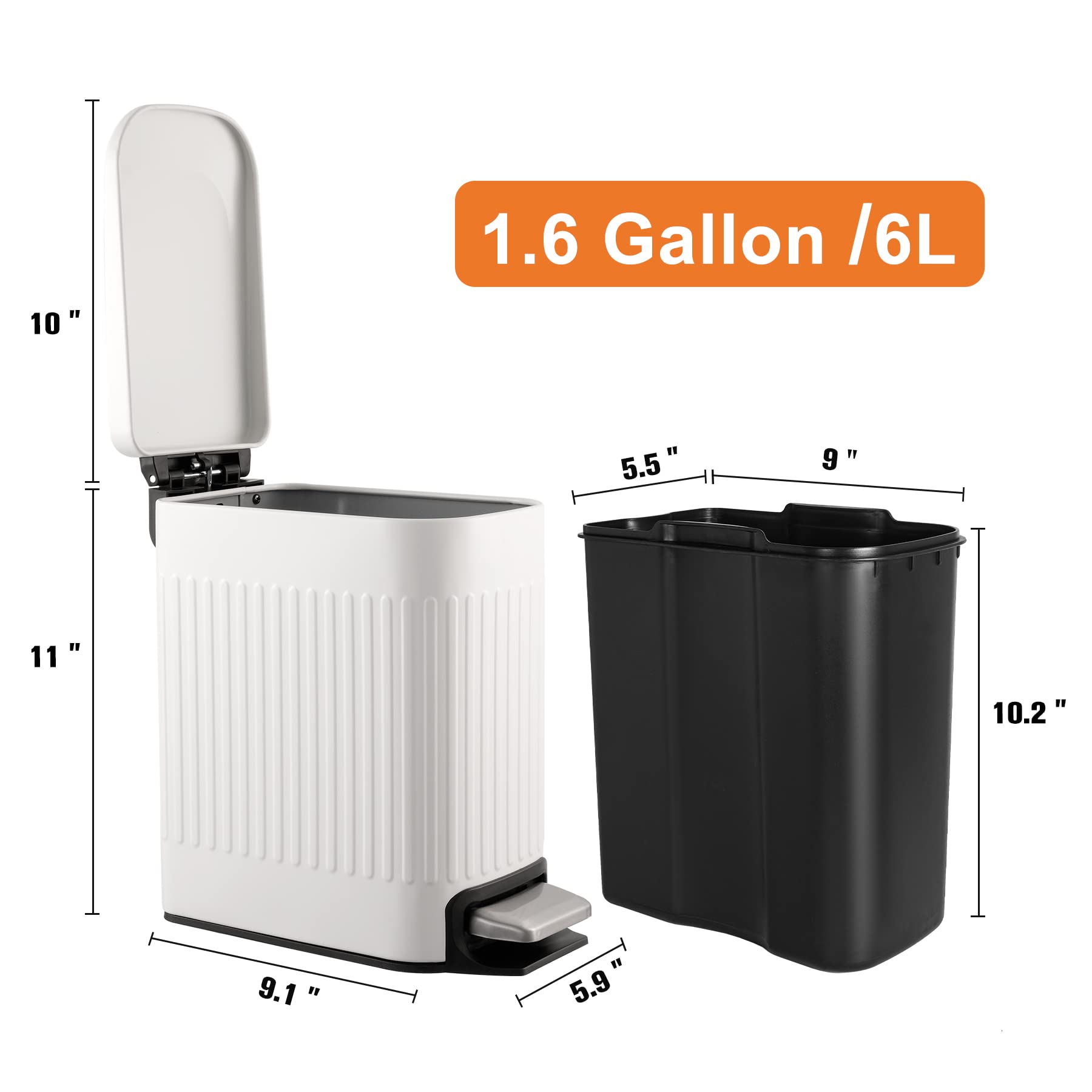 TrashAid Slim Bathroom Trash Can with Lid Soft Close, 6 Liter/1.6 Gallon Stainless Steel Small Garbage Can with Removable Inner Bucket, Step Pedal, Slim Wastebasket for Toilet, Office, Bedroom, White 🍁 All In One Marketplace Canada
