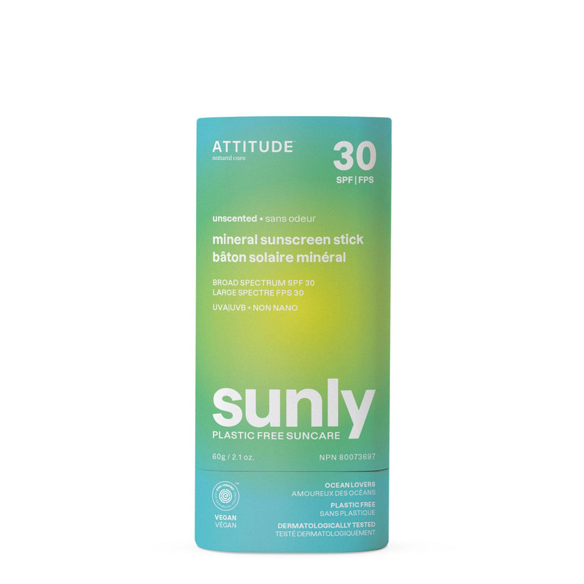 ATTITUDE Mineral Sunscreen Stick with Zinc Oxide, SPF 30, Made in Canada, EWG Verified,Plastic-Free, Broad Spectrum UVA/UVB Protection, Dermatologically Tested, Vegan, Unscented, 60 grams 🍁 All In One Marketplace Canada