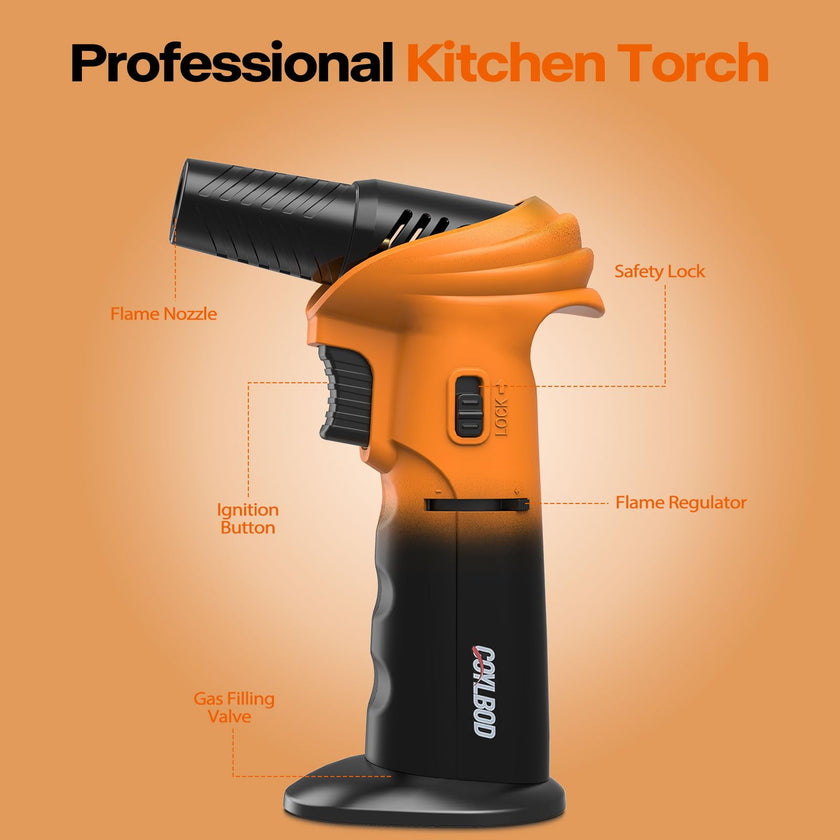 Butane Torch Lighter – Refillable Adjustable Flame Torch with 0‑90° Rotating Head, Safety Lock & Continuous Flame – Kitchen Torch for Creme Brulee, Soldering, BBQ & DIY Crafts (Orange and Black) 🍁 All In One Marketplace Canada