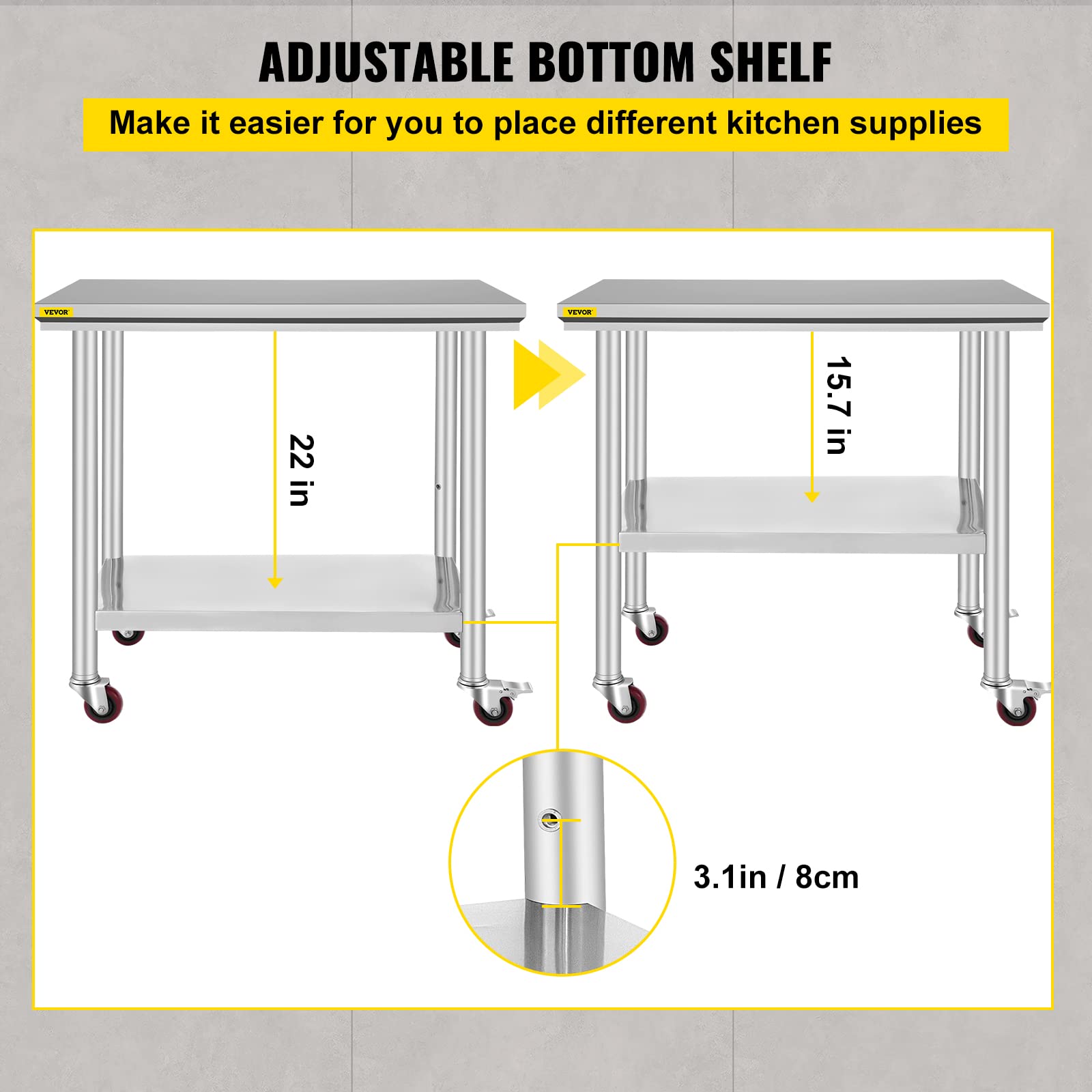 VEVOR 36x24x33.5 inch Stainless Steel Work Table with Wheels Prep Table with casters Heavy Duty Work Table for Commercial Kitchen Restaurant Business Garage 350 lb Capacity 🍁 All In One Marketplace Canada