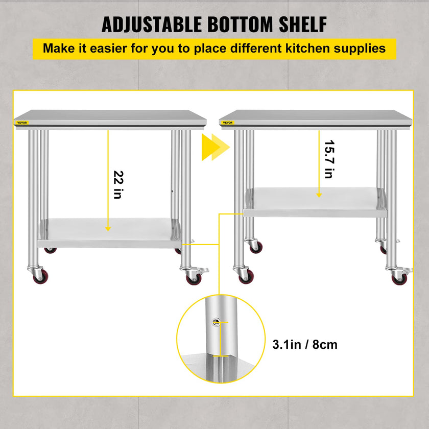VEVOR 36x24x33.5 inch Stainless Steel Work Table with Wheels Prep Table with casters Heavy Duty Work Table for Commercial Kitchen Restaurant Business Garage 350 lb Capacity 🍁 All In One Marketplace Canada