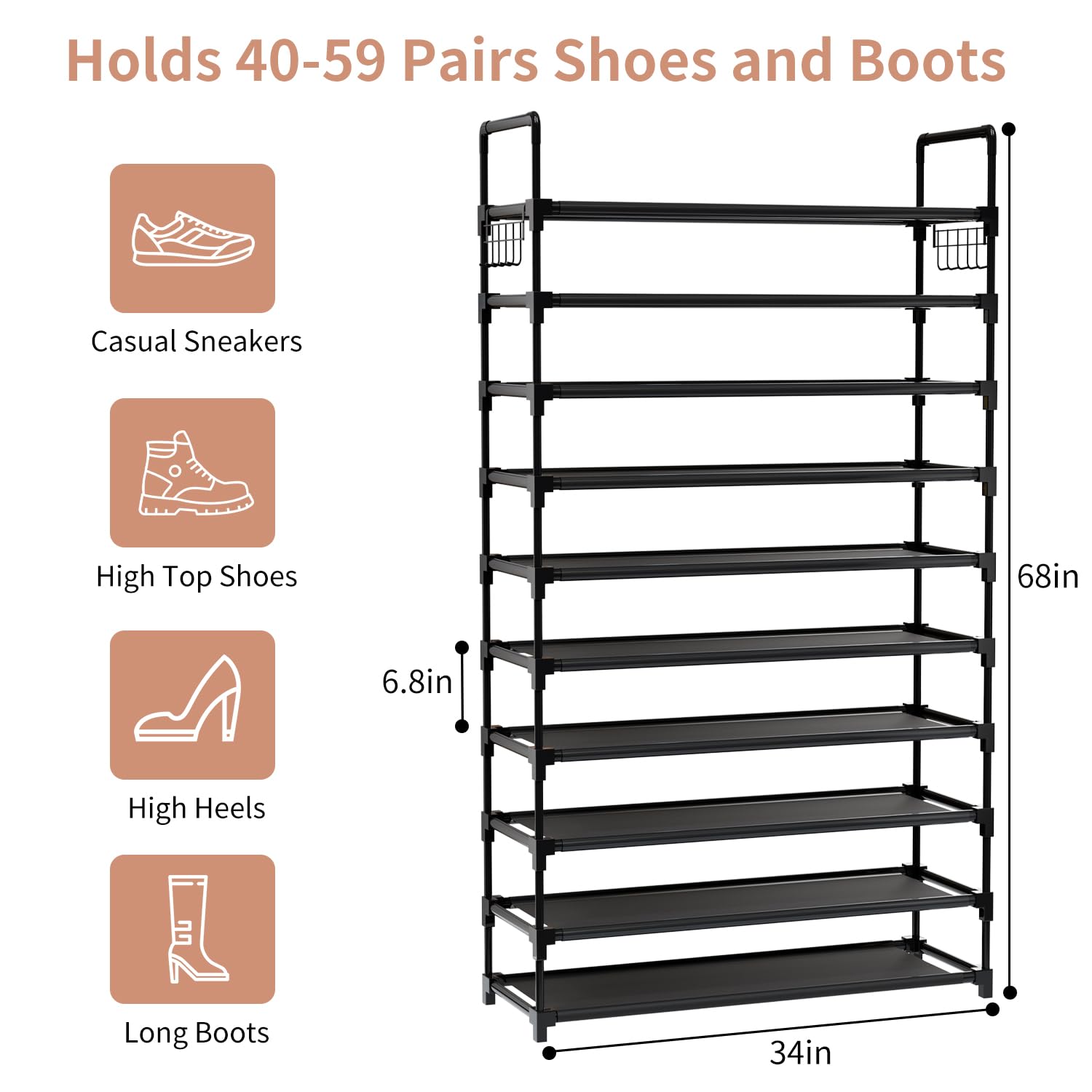 10 Tier Shoe Rack, Large Capacity Tall Shoe Storage Organizer Holds 50-55 Pairs Shoes and Boots, Vertical Shoe Shelf Cabinet with Versatile Hooks for Closet Entryway Garage Bedroom 🍁 All In One Marketplace Canada