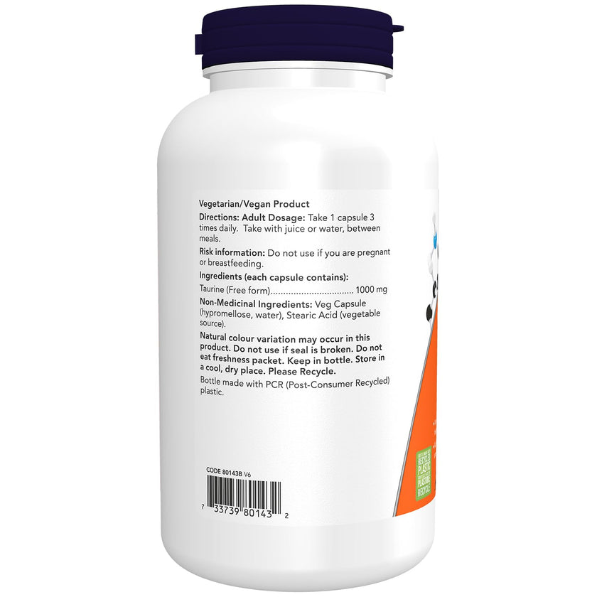 NOW Supplements, Taurine 1,000 mg, Double Strength, Nervous System Health, 250 Veg Capsules 🍁 All In One Marketplace Canada