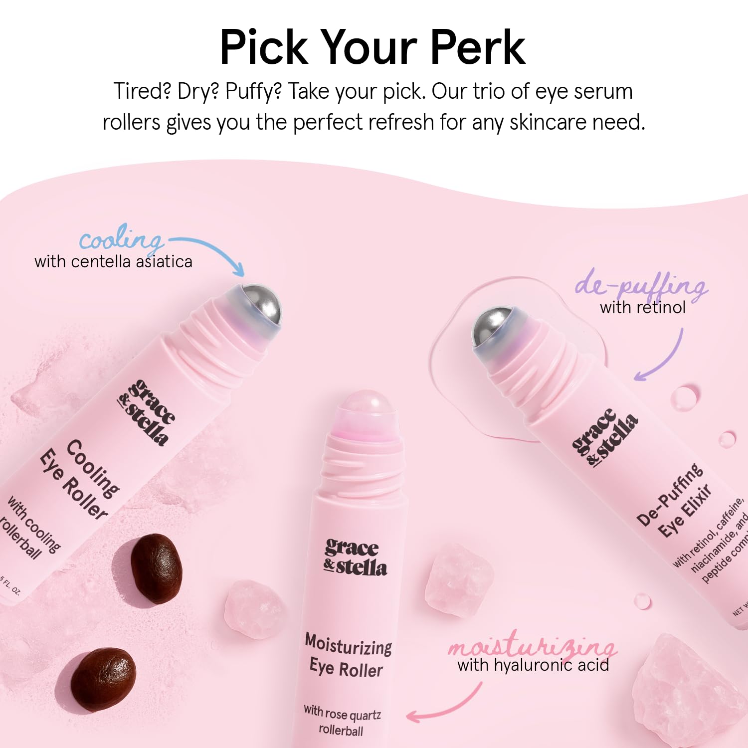 grace & stella Eye Serum Roller with Rose Quartz Rollerball - Hyaluronic Acid & Caffeine Under Eye Cream for Dark Circles & Puffiness - Airplane Travel Essentials - Vegan Skincare (15ml / 0.51floz) 🍁 All In One Marketplace Canada