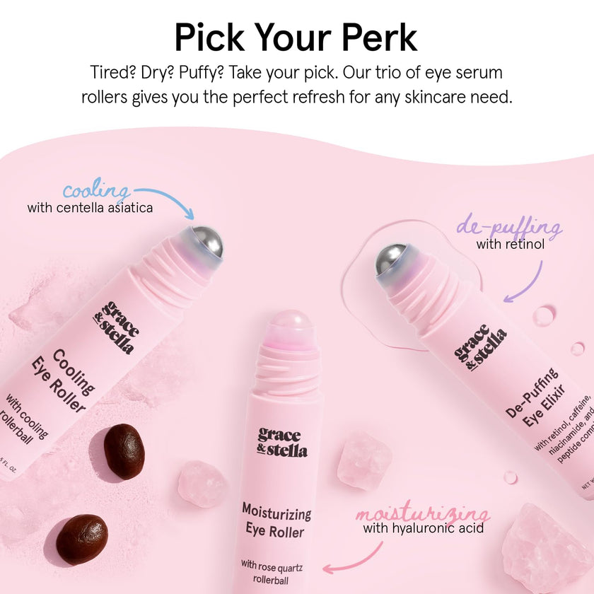 grace & stella Eye Serum Roller with Rose Quartz Rollerball - Hyaluronic Acid & Caffeine Under Eye Cream for Dark Circles & Puffiness - Airplane Travel Essentials - Vegan Skincare (15ml / 0.51floz) 🍁 All In One Marketplace Canada
