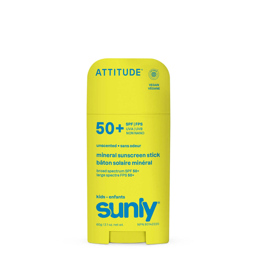 ATTITUDE Kids Mineral Sunscreen Stick SPF 50, Broad Spectrum Zinc Oxide, EWG Verified, Non-Nano, Mess-Free Stick for Face & Body, Lightweight Non-Greasy, Vegan, Unscented, 60 grams 🍁 All In One Marketplace Canada