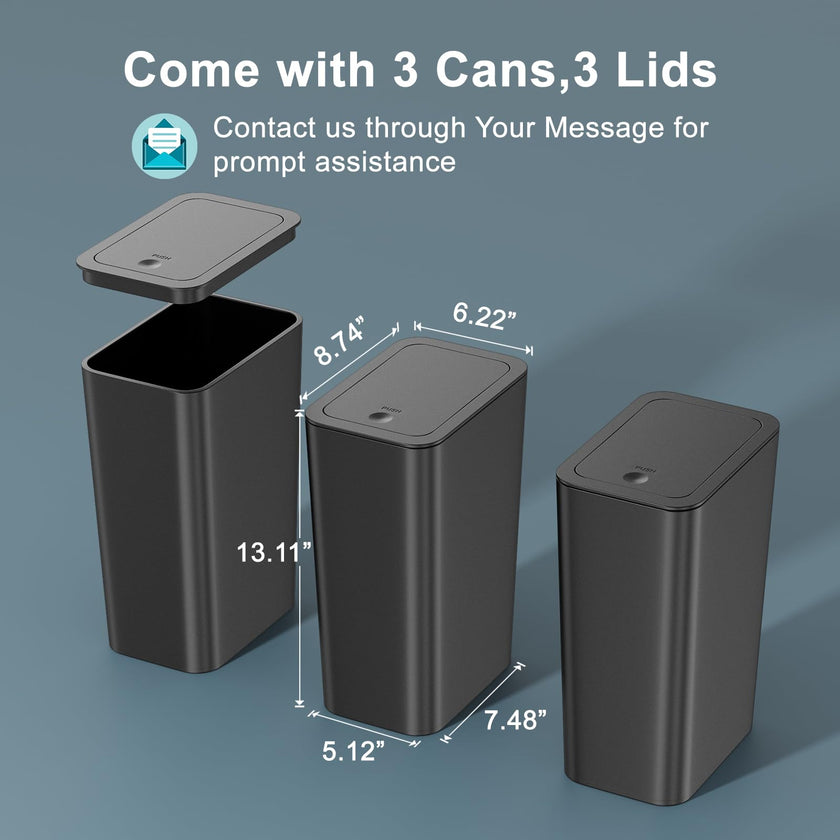 3 Pack 10 Liter Bathroom Trash Can with lid, 2.6 Gallon Kitchen Trash Can,Small Garbage Can Slim Compost Bin Waste Basket for Bathroom,Kitchen,Bedroom,Living Room,Office,Laundry - Black 🍁 All In One Marketplace Canada