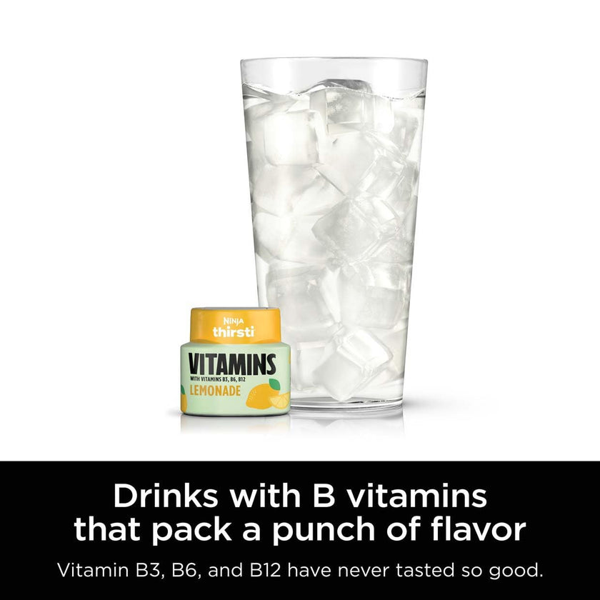 Ninja Thirsti VITAMINS Lemonade Flavoured Water Drops with Vitamins B3, B6, B12 and 0 calories*, 0 sugar* (*per 12oz classic serving) . Turn water into refreshing fruit-flavoured sparkling or still drinks with Ninja Thirsti Vitamins Flavoured Water Drops,