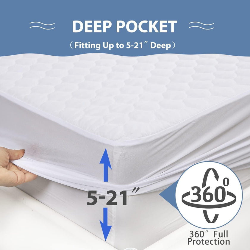 HYMOKEGE Quilted Mattress Protector Queen Size, 100% Waterproof Mattress Cover for Queen Size Bed, Breathable & Noiseless Bed Pad Cover with 5