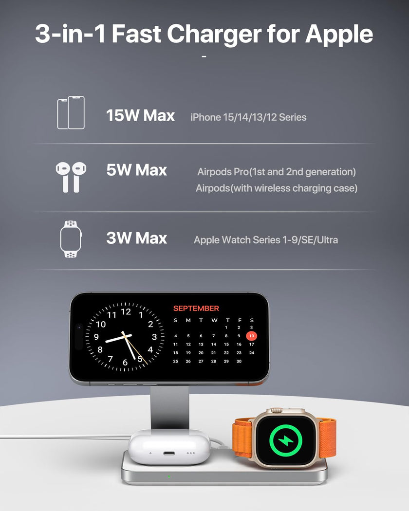 EXW Foldable 3 in 1 Wireless Charging Station for iPhone and Apple Watch,Compatible with Magsafe Charger Stand,Travel Bedside Fast Wireless Charger for iPhone 17e 17 Air 16 15 14 13 12 Series, Airpods 🍁 All In One Marketplace Canada
