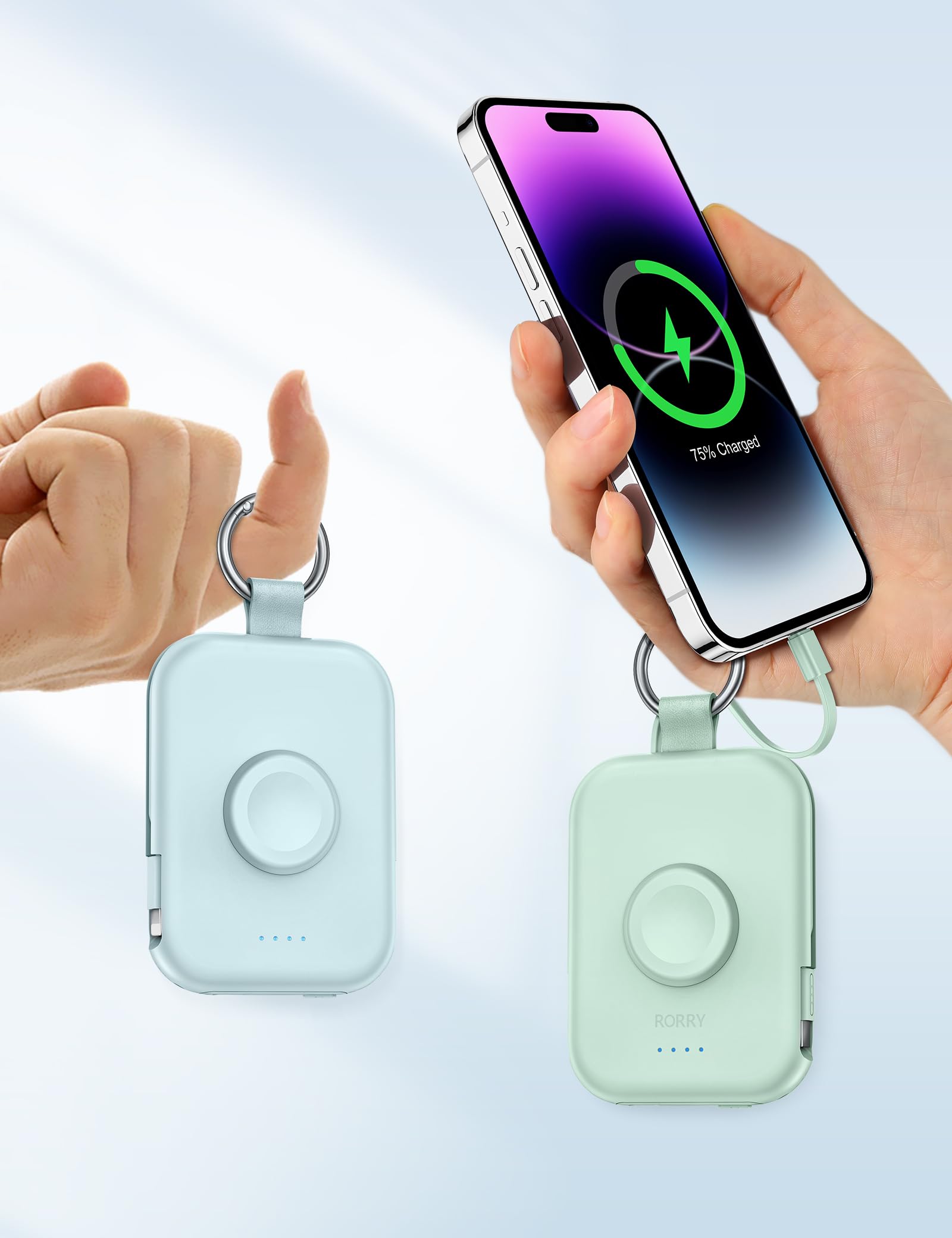 RORRY CharmGo Portable Charger, 5000mAh Portable Charger Power Bank with Built-in Cables, Travel Keychain Battery Pack for Apple Watch Ultra 3/2/10/9/8/Ultra/7/6/SE, iPhone 17/16/15, Blue 🍁 All In One Marketplace Canada