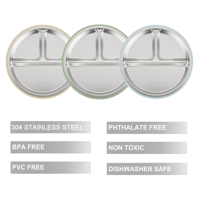 PandaEar 3 Pack Stainless Steel Baby Plates with Suction, Divided Toddler Plate for Baby Led Weaning Supplies, Non-Slip Suction Plates Baby Feeding Set, Dishwasher Safe (Blue/Green/Brown) 🍁 All In One Marketplace Canada