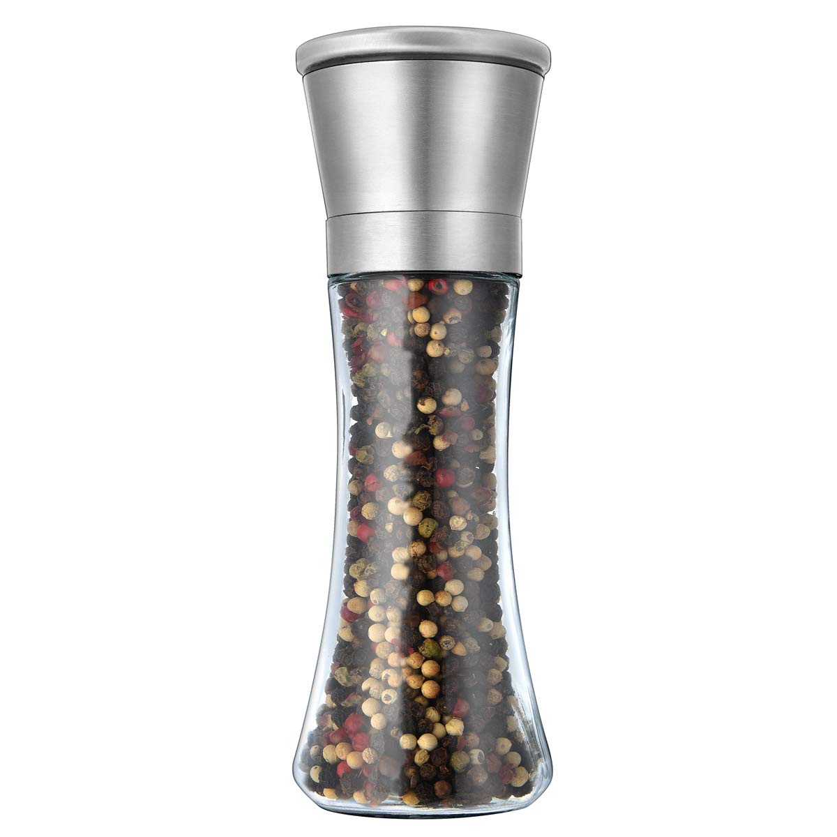 Pepper Grinder or Salt Grinder, Best Spice Mill with Ceramic Blades, Adjustable Coarseness, Brushed Stainless Steel Cap, and Refillable Tall Glass Body with 6OZ Capacity (7.5