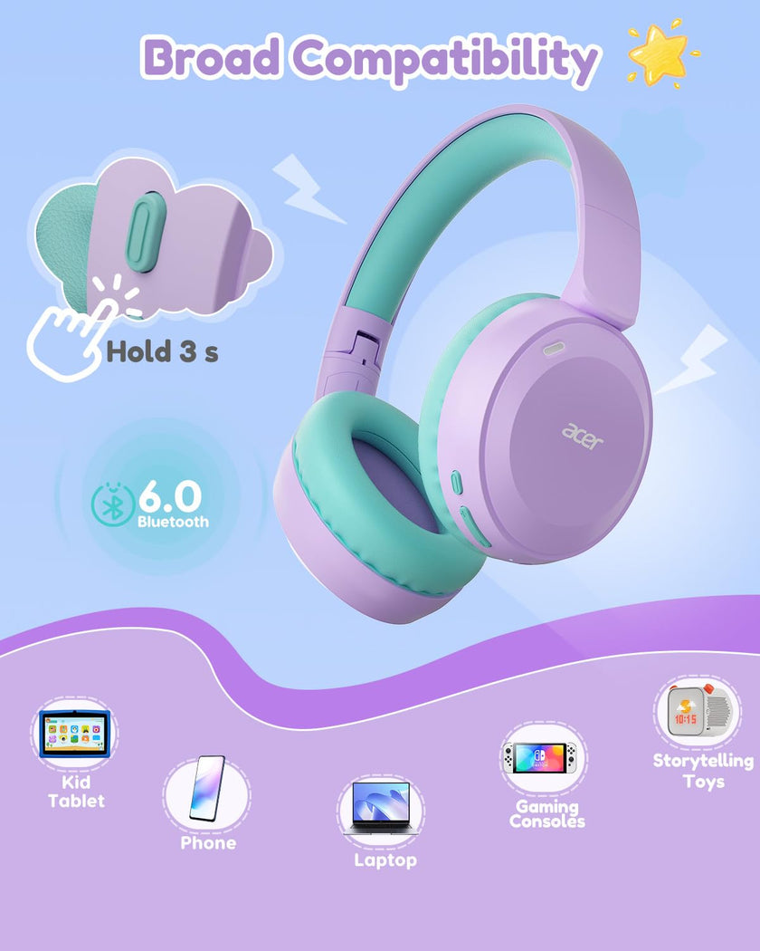 acer Kids Bluetooth Headphones, 85/94dB Volume Limiter, Foldable Wireless Over-Ear Headphones for iPad, Travel, 60H Playtime, Bluetooth 6.0, Built-in Mic, Purple Green, OHR668 🍁 All In One Marketplace Canada