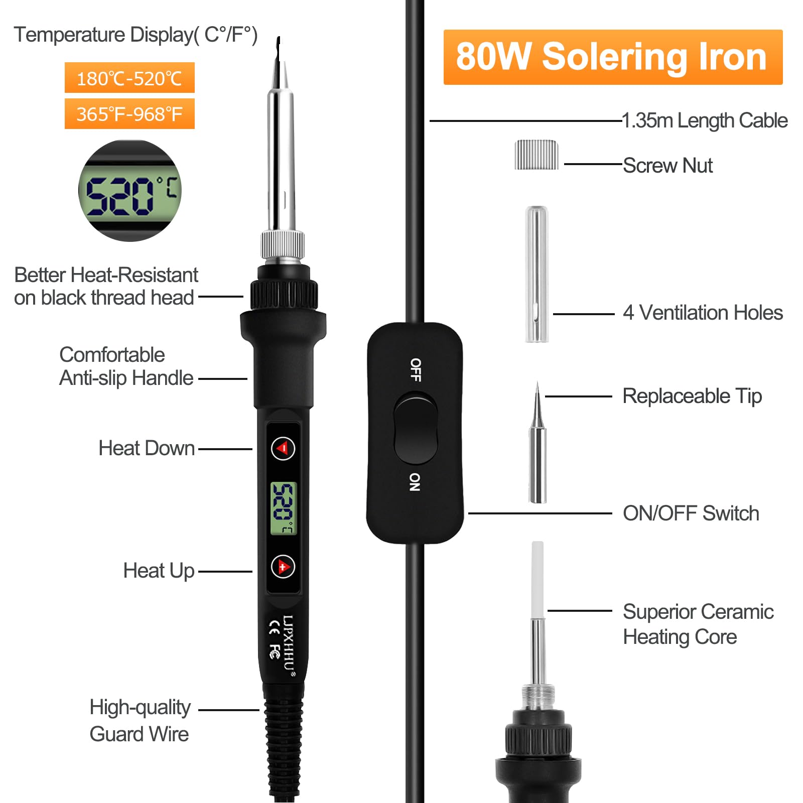 Soldering Iron Kit 80W LCD Adjustable Temperature 180-520℃ Solder Kit Electronics 12 in 1 Welding Tools with ON/Off Switch, Solder Wire, 5 Soldering Tips, Desoldering Pump, Stand, Tweezers 🍁 All In One Marketplace Canada