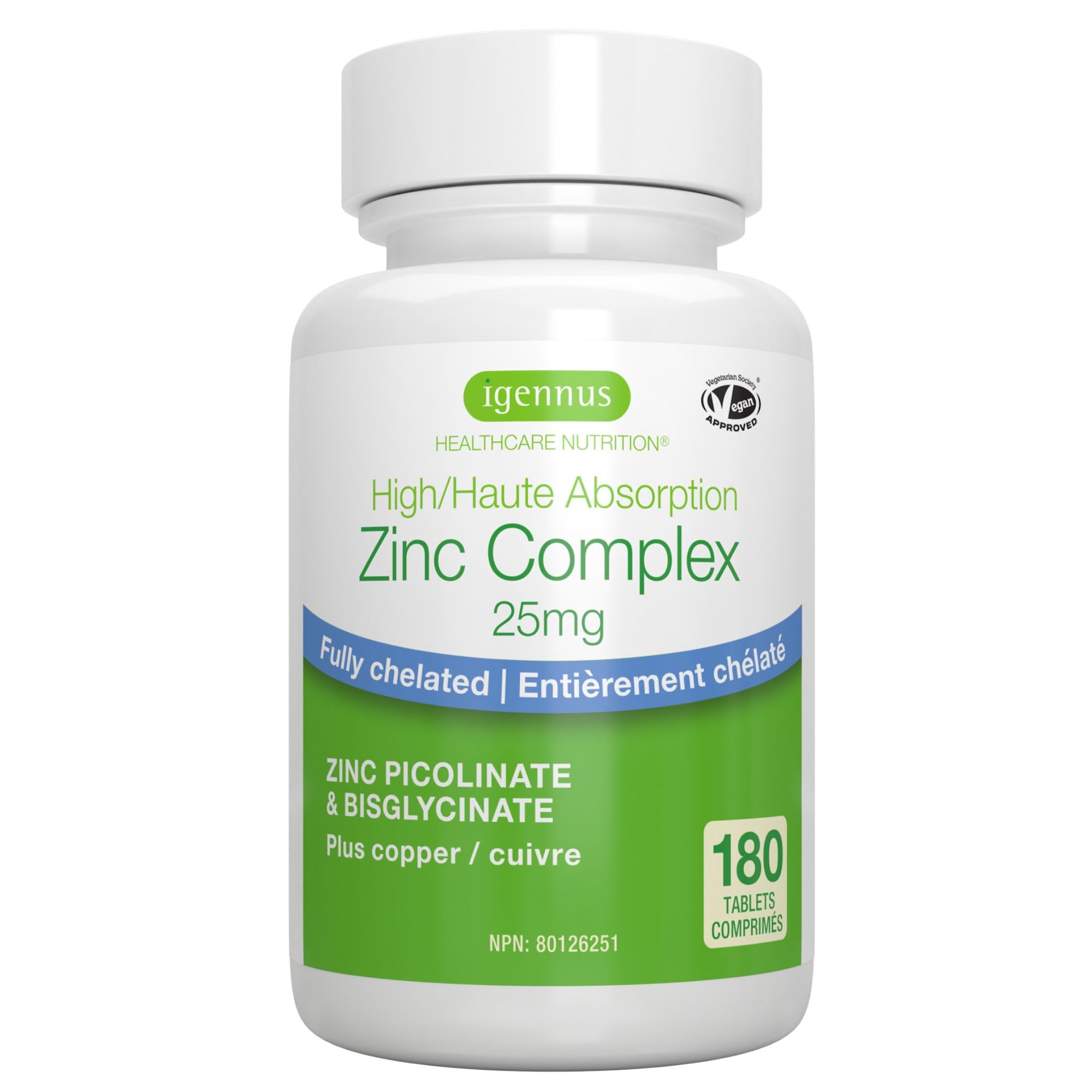 Igennus Zinc 25mg with Copper, Dual-Form Zinc Picolinate & Bisglycinate Complex, Clean Label & High Absorption, 180 Tablets (6 Month Supply), Immune, Skin and Cellular Health Support, Non-GMO, Vegan 🍁 All In One Marketplace Canada