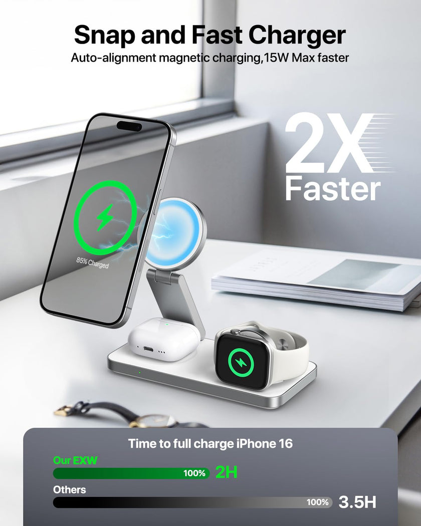 EXW Foldable 3 in 1 Wireless Charging Station for iPhone and Apple Watch,Compatible with Magsafe Charger Stand,Travel Bedside Fast Wireless Charger for iPhone 17e 17 Air 16 15 14 13 12 Series, Airpods 🍁 All In One Marketplace Canada
