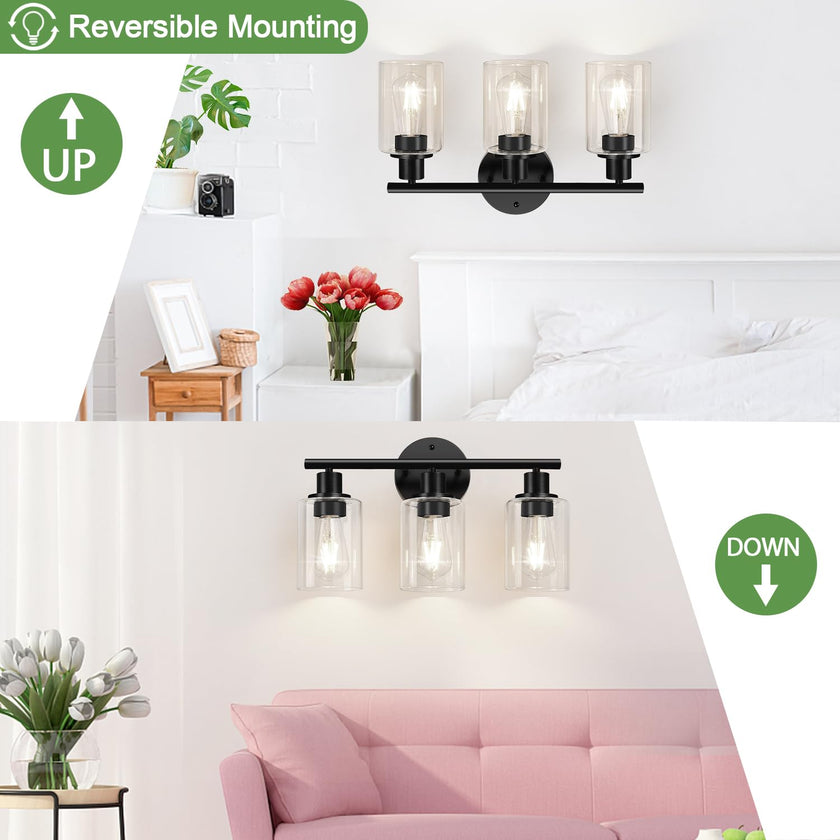 3-Light Bathroom Light Fixtures, Black Bathroom Wall Lights, Modern Bathroom Vanity Light with Clear Glass Shade, Bathroom Wall Lamp for Mirror Kitchen Bedroom Living Room 🍁 All In One Marketplace Canada