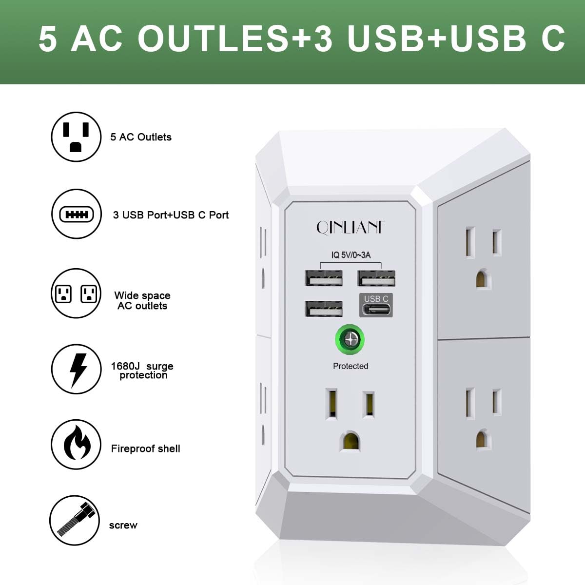 Wall Charger, Surge Protector, QINLIANF 5 Outlet Extender with 4 USB Charging Ports (4.8A Total) 3-Sided 1680J Power Strip Multi Plug Adapter Spaced for Home Travel Office (3U1C) 🍁 All In One Marketplace Canada