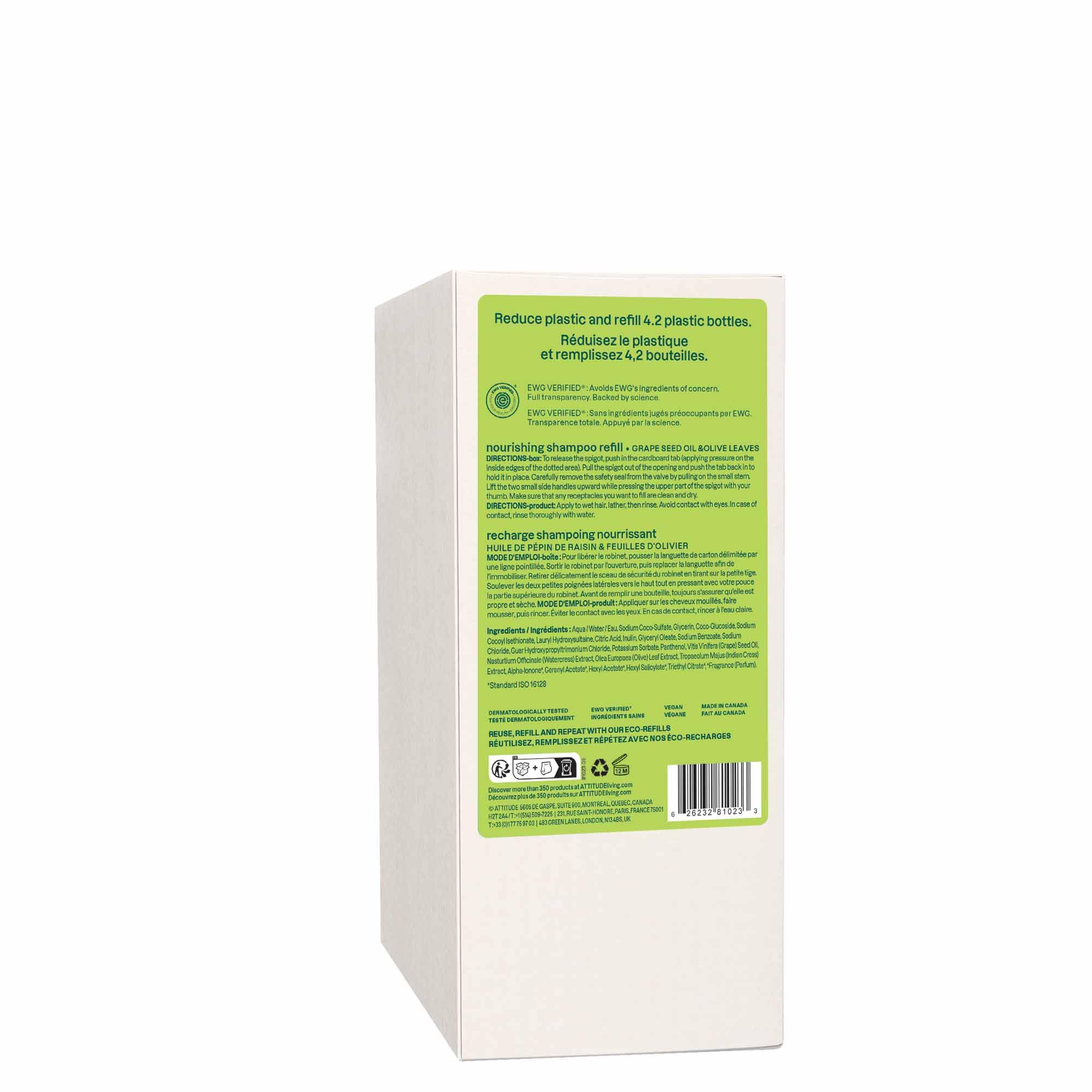 ATTITUDE Nourishing Hair Shampoo, Made in Canada, EWG Verified, For Dry and Damaged Hair, Naturally Derived Ingredients, Vegan and Plant Based, Grapeseed Oil and Olive Leaves, Bulk Refill, 2 Liters 🍁 All In One Marketplace Canada