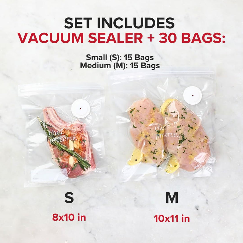 Chef Preserve Compact Vacuum Sealer for Food (Vacuum Sealer Machine + 30 Reusable Vacuum Bags) Powerful Handheld Vacuum Sealer Machine, Seal Meal Saver, Portable Food Sealer 🍁 All In One Marketplace Canada