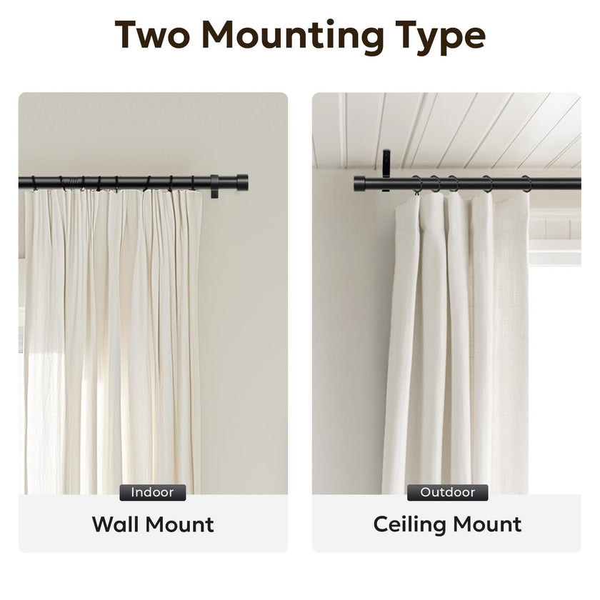 Zeerobee Curtain Rods for Windows 48 to 84, 1 Inch Black Heavy Duty Drapery Rods with Adjustable Length, Outdoor Modern Curtain Pole with Simple End Caps, 32