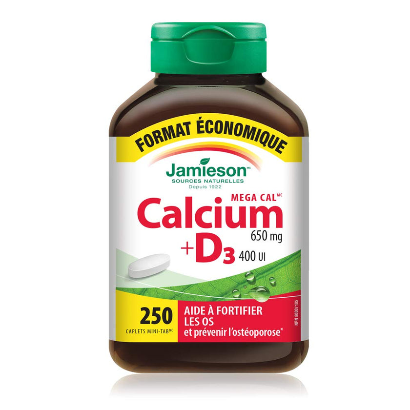 Jamieson Mega Cal Calcium 650 mg with Vitamin D3 400 IU, High Absorption, 5 Calcium Sources, Supports Bone Health, Helps Prevent Osteoporosis and Prevent Bone Loss. Easy to Swallow, Vegetarian, Non-GMO, Gluten-Free, 250 Caplets, Proudly Canadian