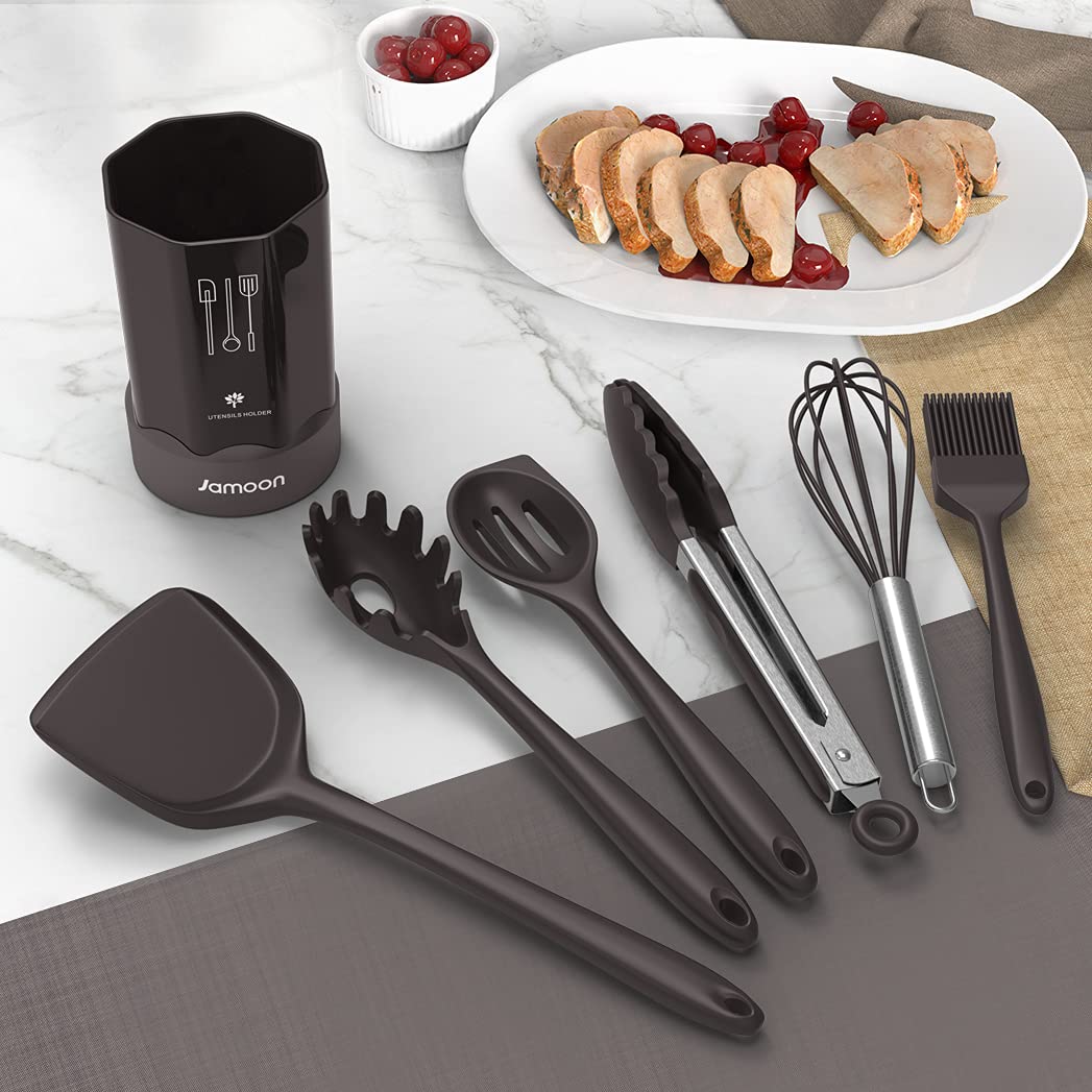 Silicone Cooking Utensils Set - 446°F Heat Resistant Kitchen Utensils,Spatula Sets,Turner Tongs,Spoon,Kitchen Utensil Gadgets Tools Set for Nonstick Cookware,Dishwasher Safe BPA Free (Gray) 🍁 All In One Marketplace Canada
