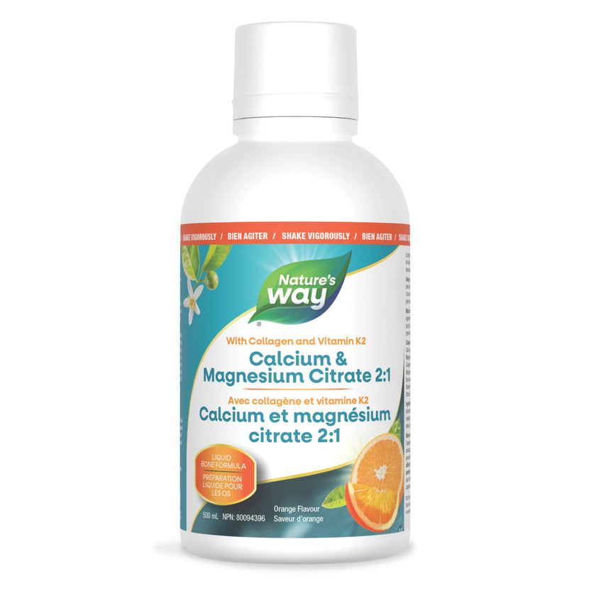 Nature's Way Calcium and Magnesium Citrate 2:1 - Liquid Supplement with Vitamin D3, Vitamin K2 and Collagen – Helps Support the Maintenance of Bones and Teeth – Orange Flavour, 500 mL 🍁 All In One Marketplace Canada