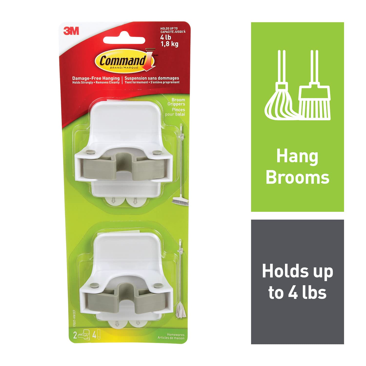 Command Broom and Mop Grippers Wall Hook, Damage Free Hanging Wall Mount Broom and Mop Holder, No Tools Household Cleaning Organizer for Living Spaces, 2 Hangers and 4 Command Strips 🍁 All In One Marketplace Canada