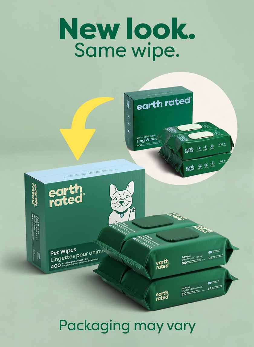 Earth Rated (A Canadian Company) Pet Wipes for Dogs and Cats, Hypoallergenic, 3-in-1 Cleaning, Deodorizing and Hydrating, for Grooming Paws, Body and Butt, New White Tea and Basil Scent, 400 Count 🍁 All In One Marketplace Canada