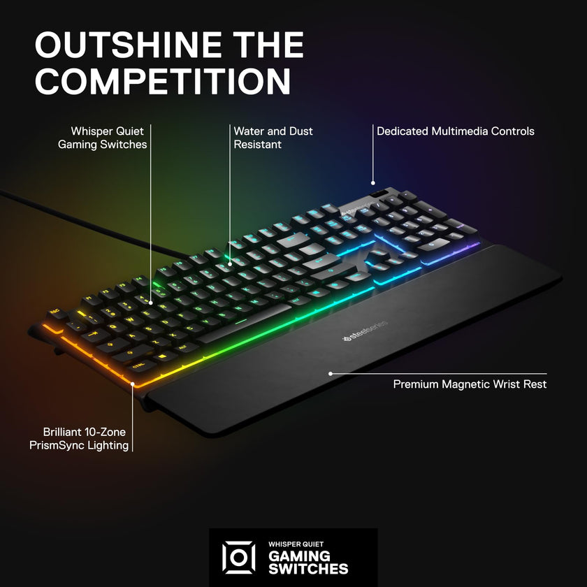 SteelSeries Apex 3 RGB Gaming Keyboard – 10-Zone RGB Illumination – IP32 Water Resistant – Premium Magnetic Wrist Rest (Whisper Quiet Gaming Switch) 🍁 All In One Marketplace Canada