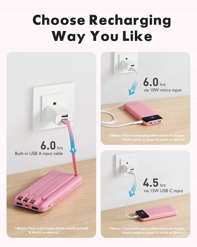 Charmast Portable Charger with Built in Cables, Power Bank with Cords Wires, Slim 10000mAh Travel Battery Pack 6 Outputs 3 Inputs 3A Fast Charging for Samsung Google Pixel LG Moto iPhone iPad 🍁 All In One Marketplace Canada