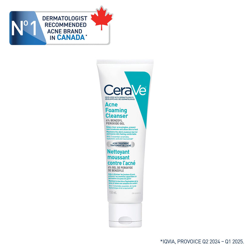 CeraVe 4% Benzoyl Peroxide Acne Treatment Foaming Cleanser Face & Body Wash, with Hyaluronic Acid and Niacinamide. Helps Clear Acne Pimples and prevent breakouts. Gentle Gel, Fragrance-Free, 150ML 🍁 All In One Marketplace Canada