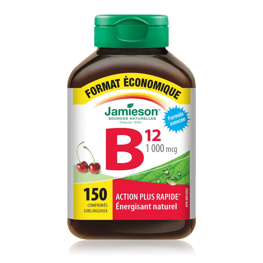 Jamieson Vitamin B12 Methylcobalamin 1,000 mcg, Fast Dissolving, Faster Acting, Naturally Energizing, and Supports Metabolism. Vegetarian, Gluten-Free, Natural Wild Cherry Flavour, 150 Sublingual Tablets, Proudly Canadian 🍁 All In One Marketplace Canada