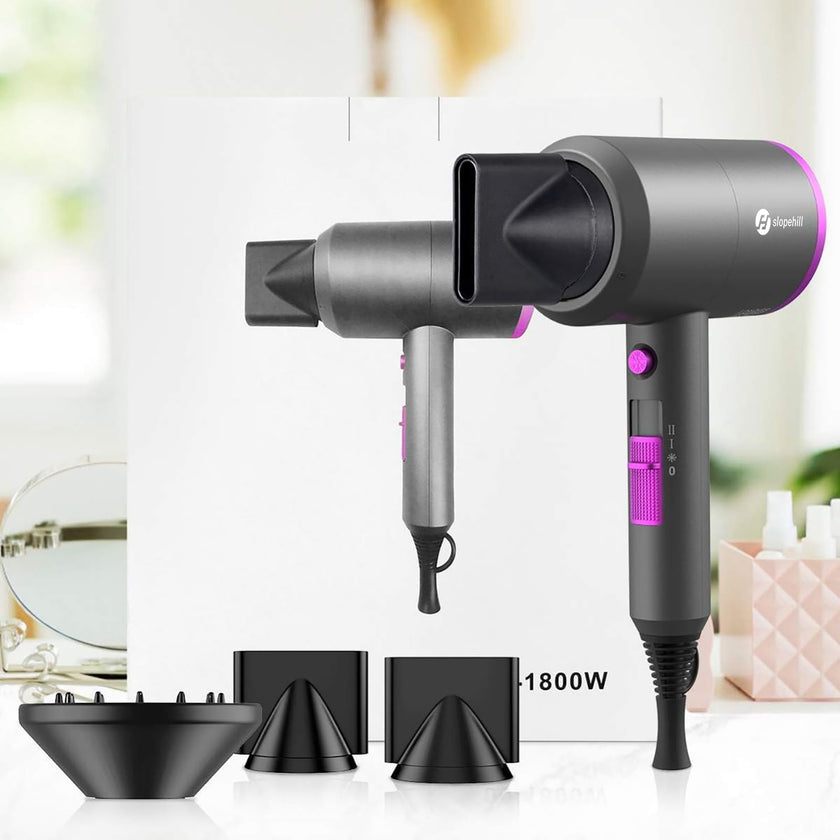 Slopehill Professional Ionic Hair Dryer, Powerful 1800W Fast Drying Low Noise Blow Dryer with 2 Concentrator Nozzle 1 Diffuser Attachments for Home Salon Travel (Grey) 🍁 All In One Marketplace Canada