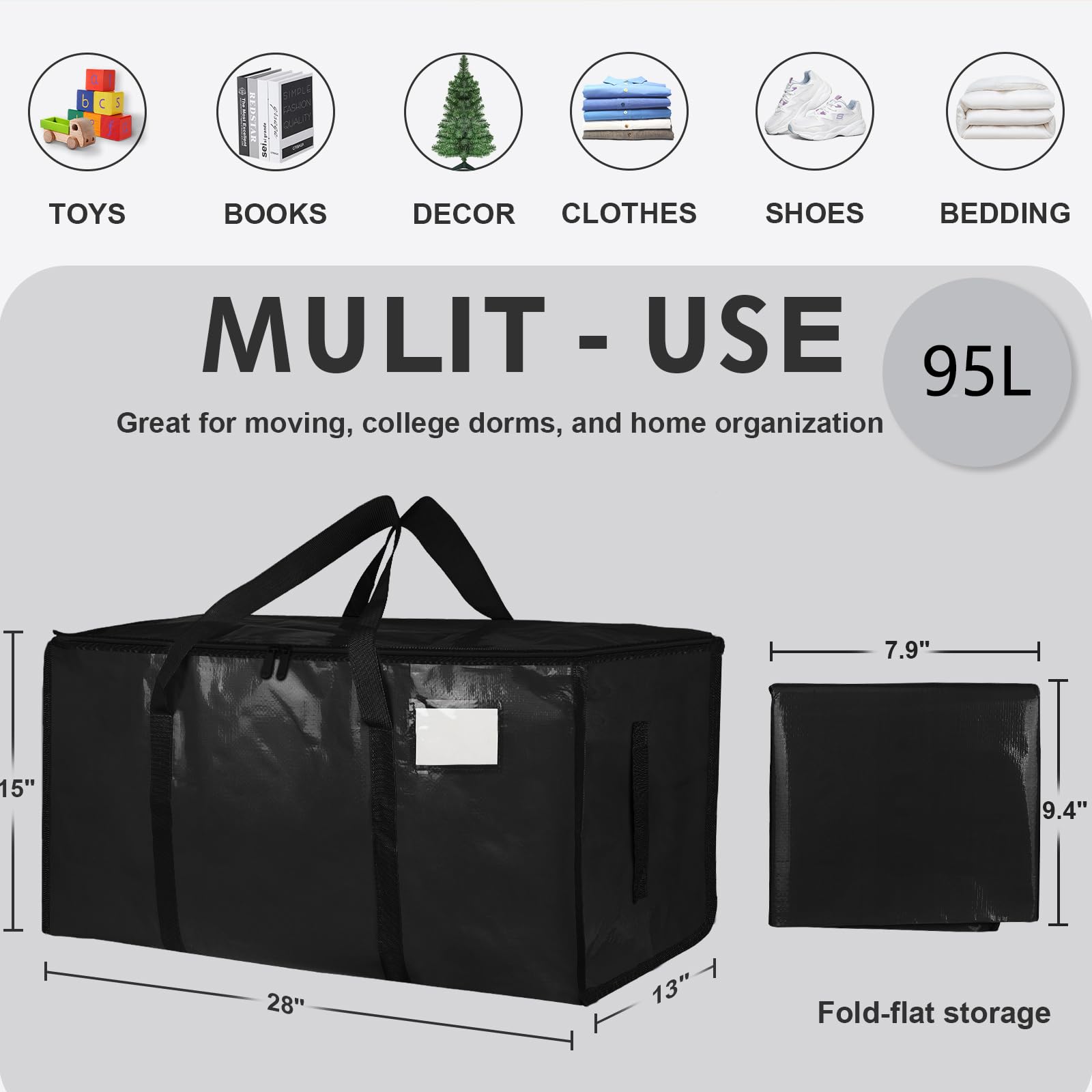 6 Pack-Extra Large Heavy Duty Moving Bags - Waterproof Storage Totes with Handles & Zippers, Foldable for College Dorm, Storage (Black) 🍁 All In One Marketplace Canada