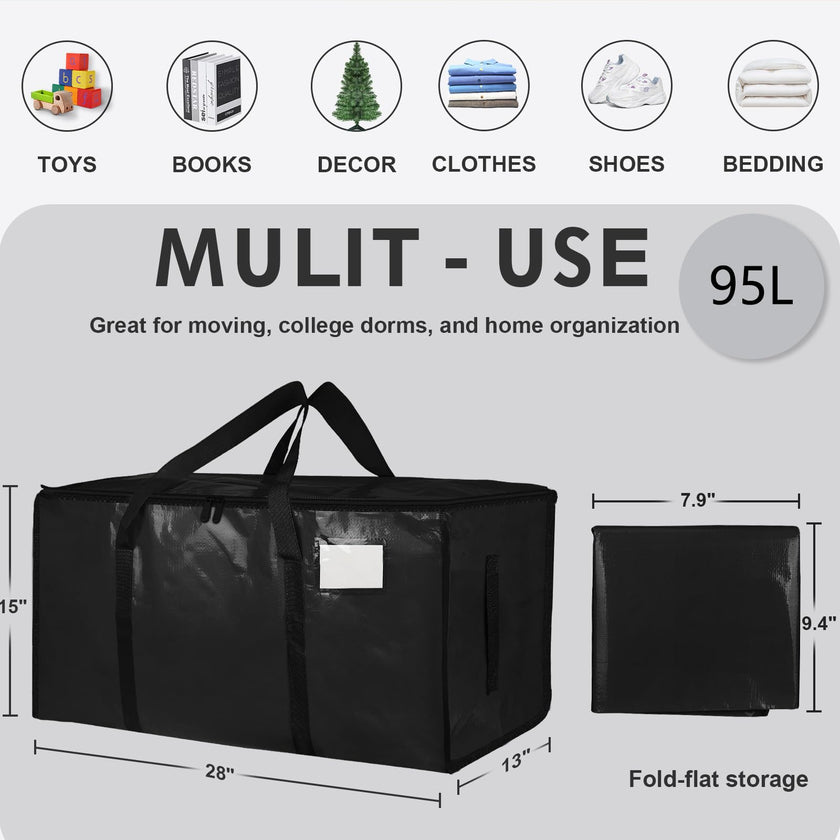 6 Pack-Extra Large Heavy Duty Moving Bags - Waterproof Storage Totes with Handles & Zippers, Foldable for College Dorm, Storage (Black) 🍁 All In One Marketplace Canada