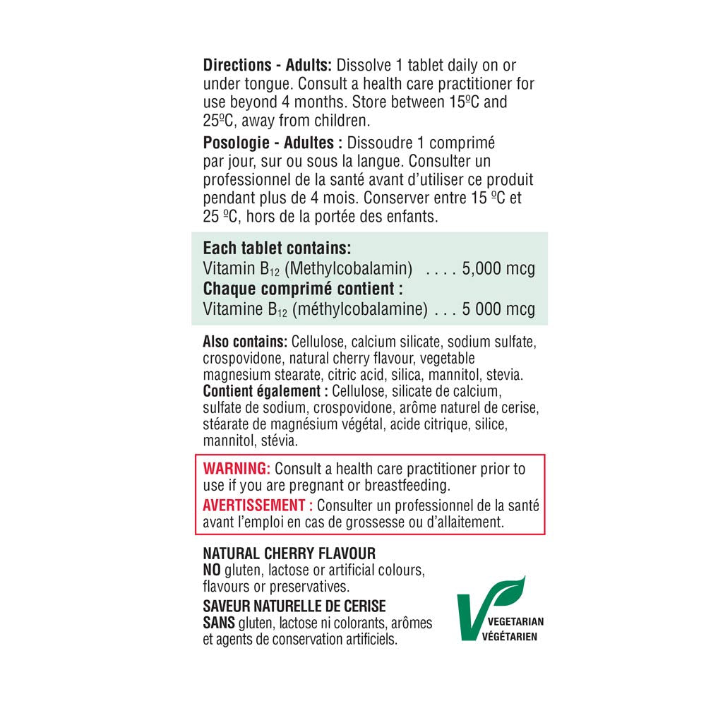 Jamieson Vitamin B12 5,000 mcg Fast Dissolve Sublingual Tablets Natural Cherry Flavour, Methylcobalamin, Supports Energy Production and Metabolism. Vegetarian. Gluten-Free, No Artificial Colours, Flavours, or Preservatives, 45 Count, Proudly Canadian