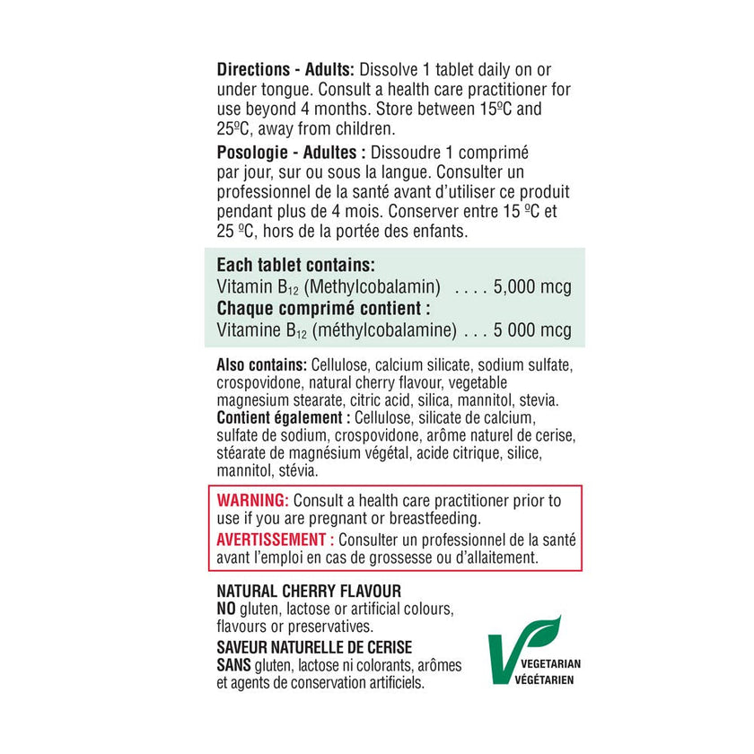 Jamieson Vitamin B12 5,000 mcg Fast Dissolve Sublingual Tablets Natural Cherry Flavour, Methylcobalamin, Supports Energy Production and Metabolism. Vegetarian. Gluten-Free, No Artificial Colours, Flavours, or Preservatives, 45 Count, Proudly Canadian