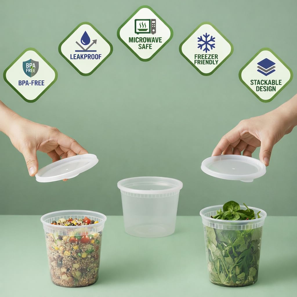 Deli Food Containers with Lids - (48 Sets) 24-32 Oz Quart Size & 24-16 Oz Pint Size Airtight Food Storage Takeout Meal Prep Containers with 54 Lids, BPA-Free, Dishwasher, Microwave Safe 🍁 All In One Marketplace Canada