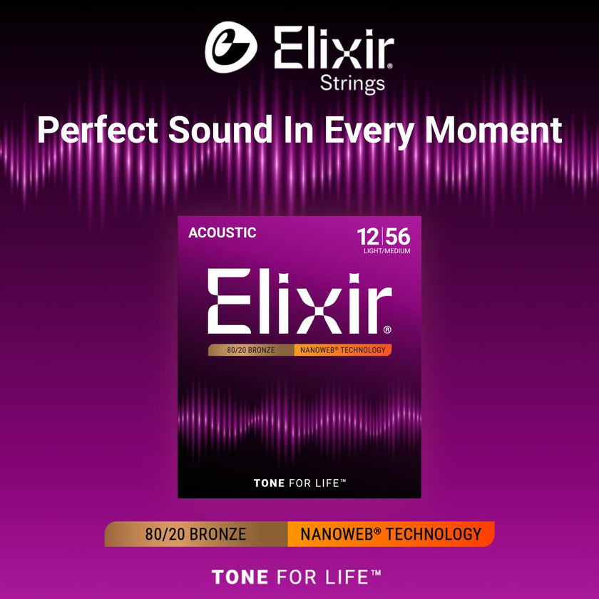 Elixir 11002 80/20 Bronze Nanoweb Coating Acoustic Guitar Strings - Light-Medium 12-56 🍁 All In One Marketplace Canada