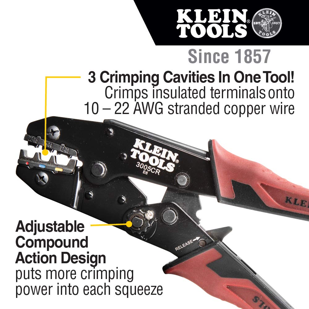Klein Tools 3005CR Wire Crimper Tool, Ratcheting Insulated Terminal Crimper for 10 to 22 AWG Wire 🍁 All In One Marketplace Canada