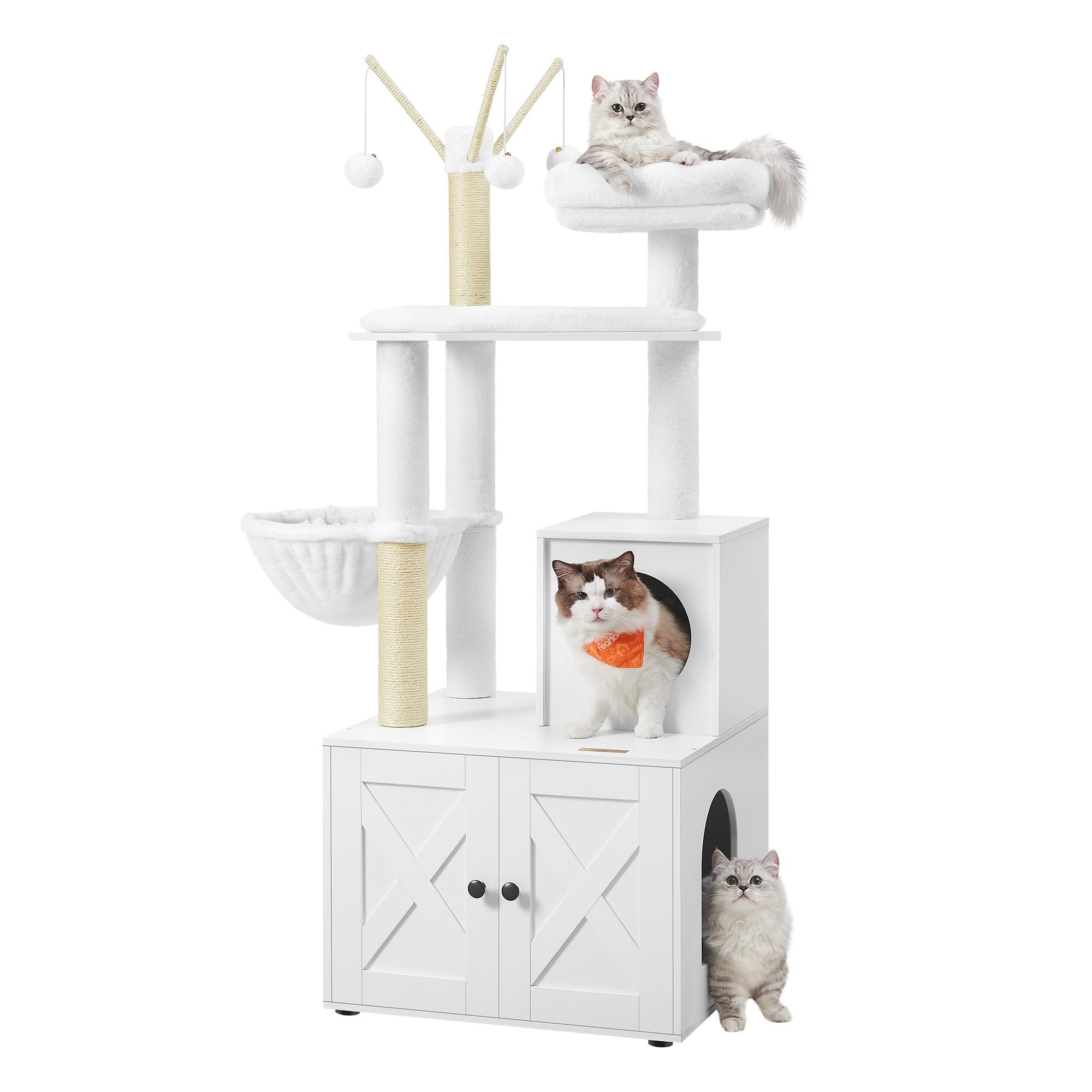 Feandrea WoodyWonders Cat Tree with Litter Box Furniture Hidden Enclosure, 2-in-1 Modern Tower, Cat Condo with Scratching Posts, Removable Pompom Sticks, Cloud White UPCT113W01 🍁 All In One Marketplace Canada
