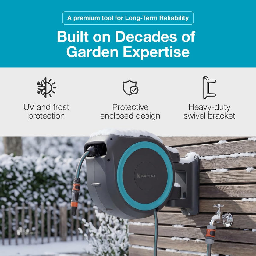 Gardena 18630-37.000.00 115 ft. Wall-Mounted Auto-Retractable Hose Reel, Frost-Proof, RollControl Technology for Safe and Slow retraction, 1/2