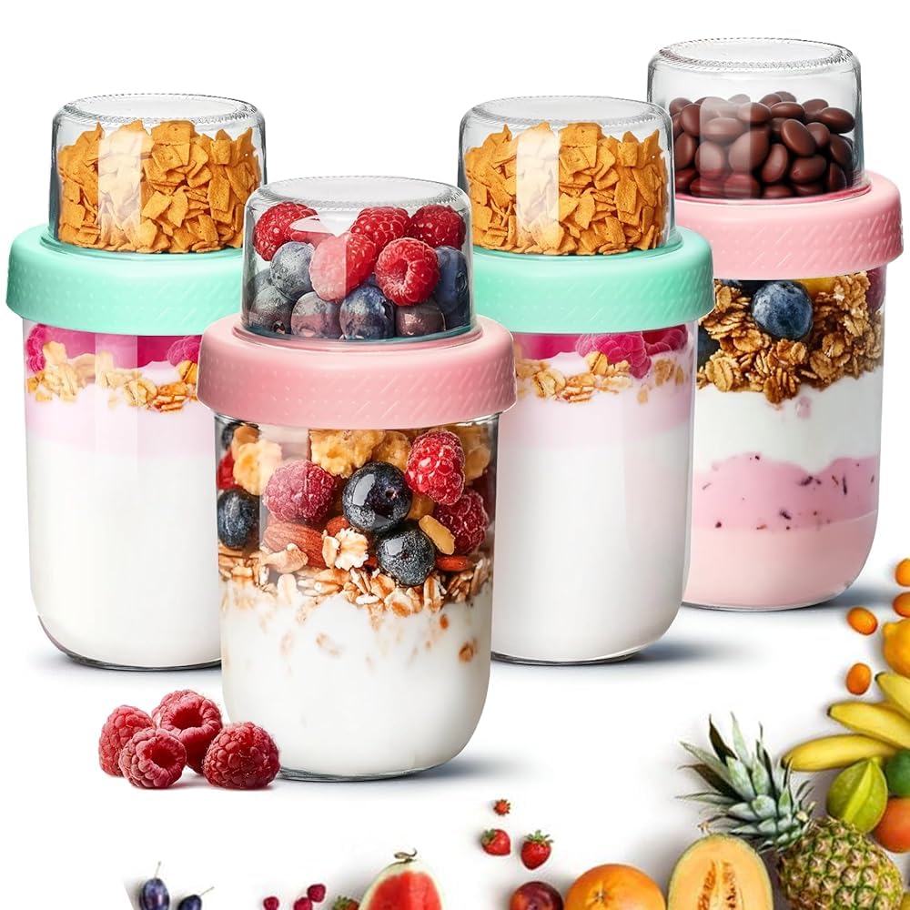 ComSaf Overnight Oats jars with Lids （16oz+4oz 4Pcs）, Dual-Laryer Chia Pudding Jars with Dry and Wet Separation, Yogurt Parfait Contianer for Oatmeal Cereal Nut Fruit, Meal Prep Glass Jars for Salad 🍁 All In One Marketplace Canada