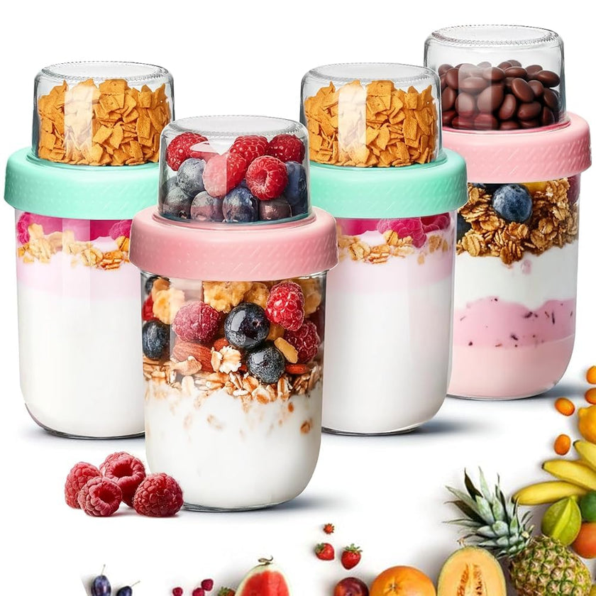 ComSaf Overnight Oats jars with Lids （16oz+4oz 4Pcs）, Dual-Laryer Chia Pudding Jars with Dry and Wet Separation, Yogurt Parfait Contianer for Oatmeal Cereal Nut Fruit, Meal Prep Glass Jars for Salad 🍁 All In One Marketplace Canada