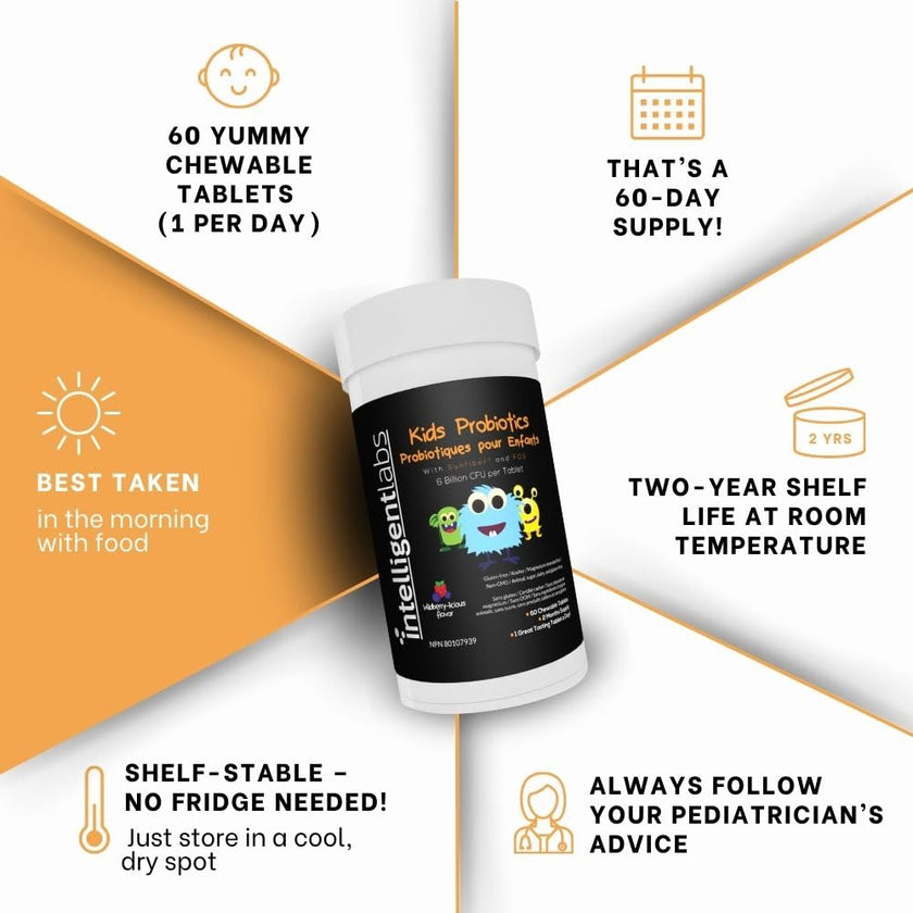 Intelligent Labs Kids/Children Probiotics 6 Billion CFU with Prebiotics, PHGG & FOS, Once-Daily Chewable, Great Taste, 10x Effectiveness, 60-Day Supply, Third-Party Verified 🍁 All In One Marketplace Canada
