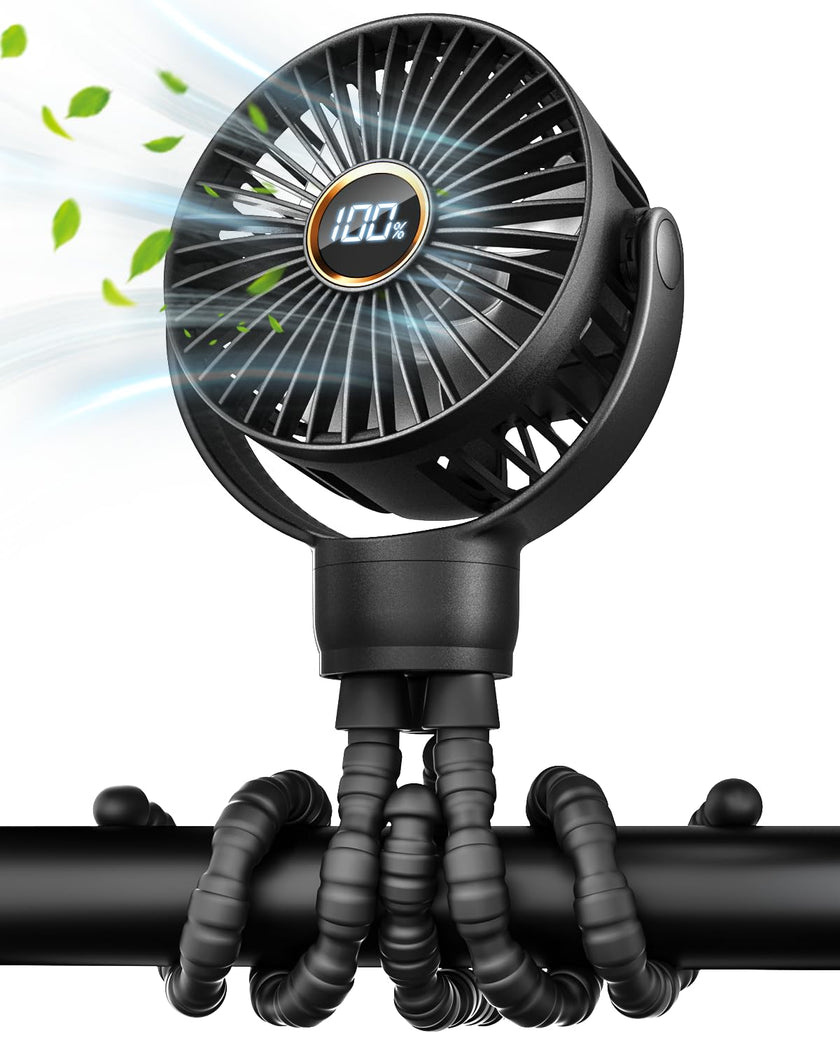 Portable Stroller Fan, Mini Baby Fan Clip on Fan, LED Display, 360° Rotate Flexible Tripod, Rechargeable Small Personal Handheld Fan Cooling Desk Fan for Car Seat Crib Treadmill Travel 🍁 All In One Marketplace Canada