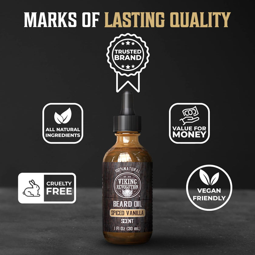 Viking Revolution - Beard Oil - All Natural Beard Oil Men with Argan Oil & Jojoba Oil - Softens, Smooths & Strengthens - Beard Conditioner - Gifts For Men - Spiced Vanilla - 30 ml 🍁 All In One Marketplace Canada